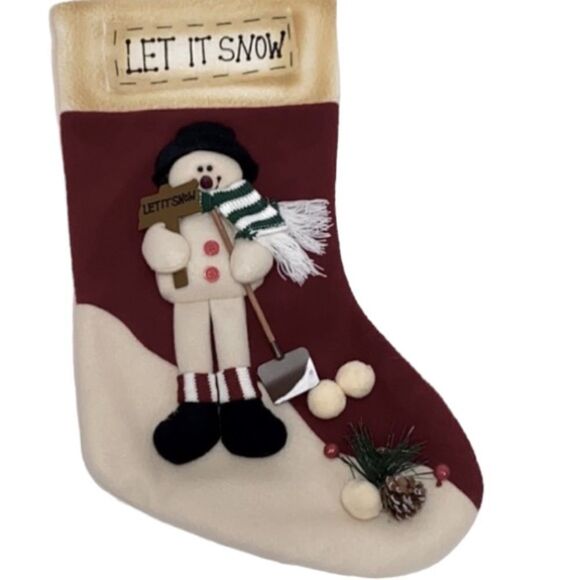 Let It Snow Holiday Snowman Christmas Stocking In Off White And Red - Picture 3 of 12